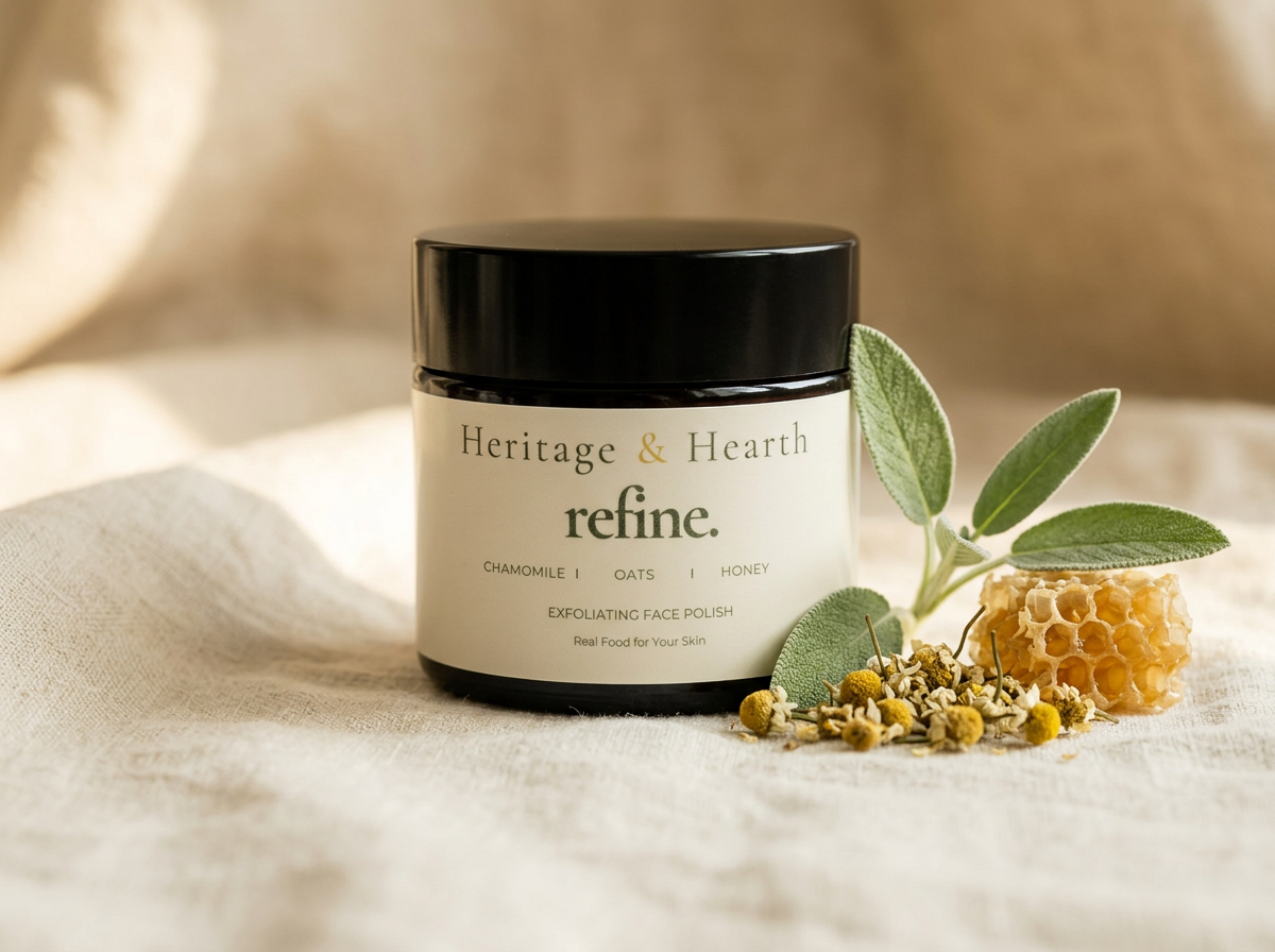 Amber jar of small-batch tallow skincare on cream linen with sage and beeswax