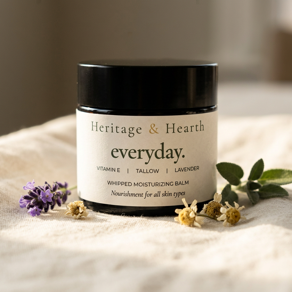 Hands cradling a tallow balm jar beside dried lavender and sage
